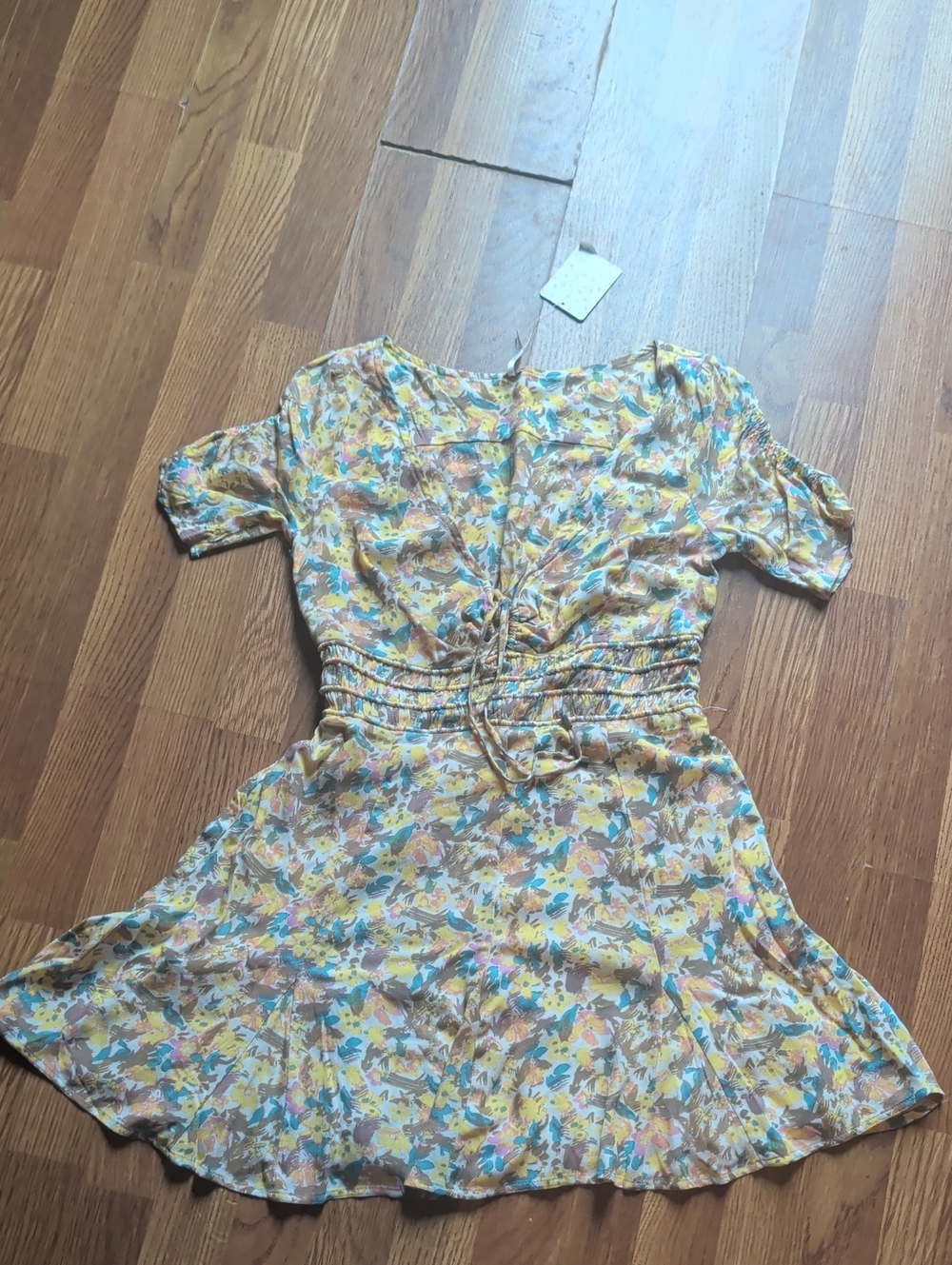 Free People Yellow Short-Sleeve Smocked Waist Dress